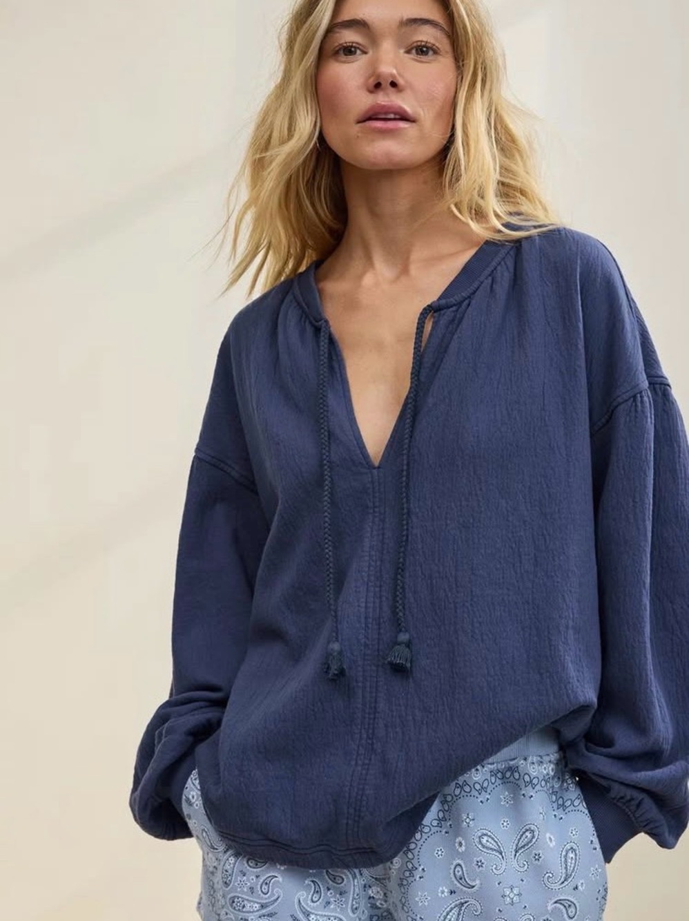NWT Aerie Easy Street Sweatshirt Navy Blue Oversized Balloon Sleeve Pullover XS